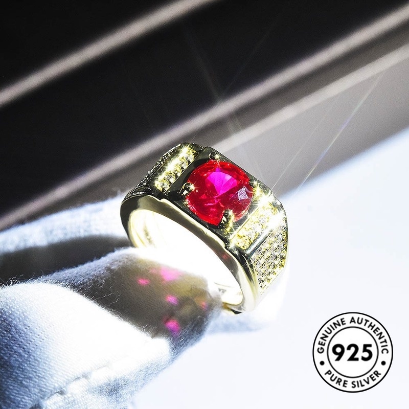 Cincin Lapis Emas Aksen Ruby Bahan S925 Silver Untuk Pria