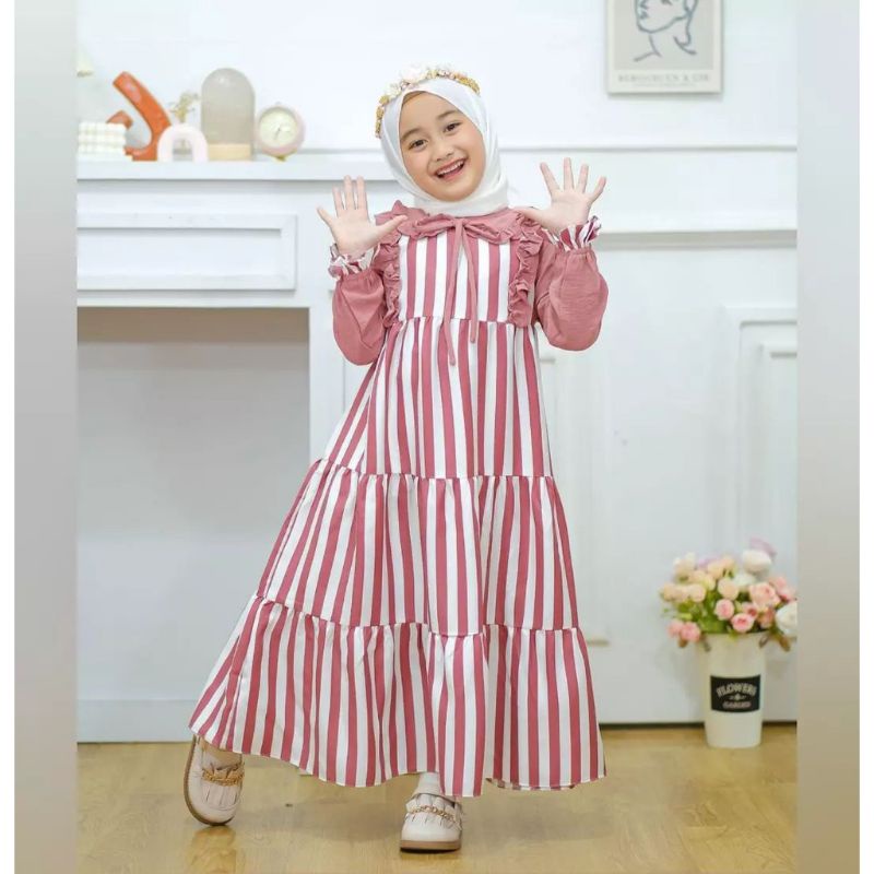 Salsa dress kids/gamis anak model tebaru kekinian usia 7-9 thn shakila salur mix kringkle