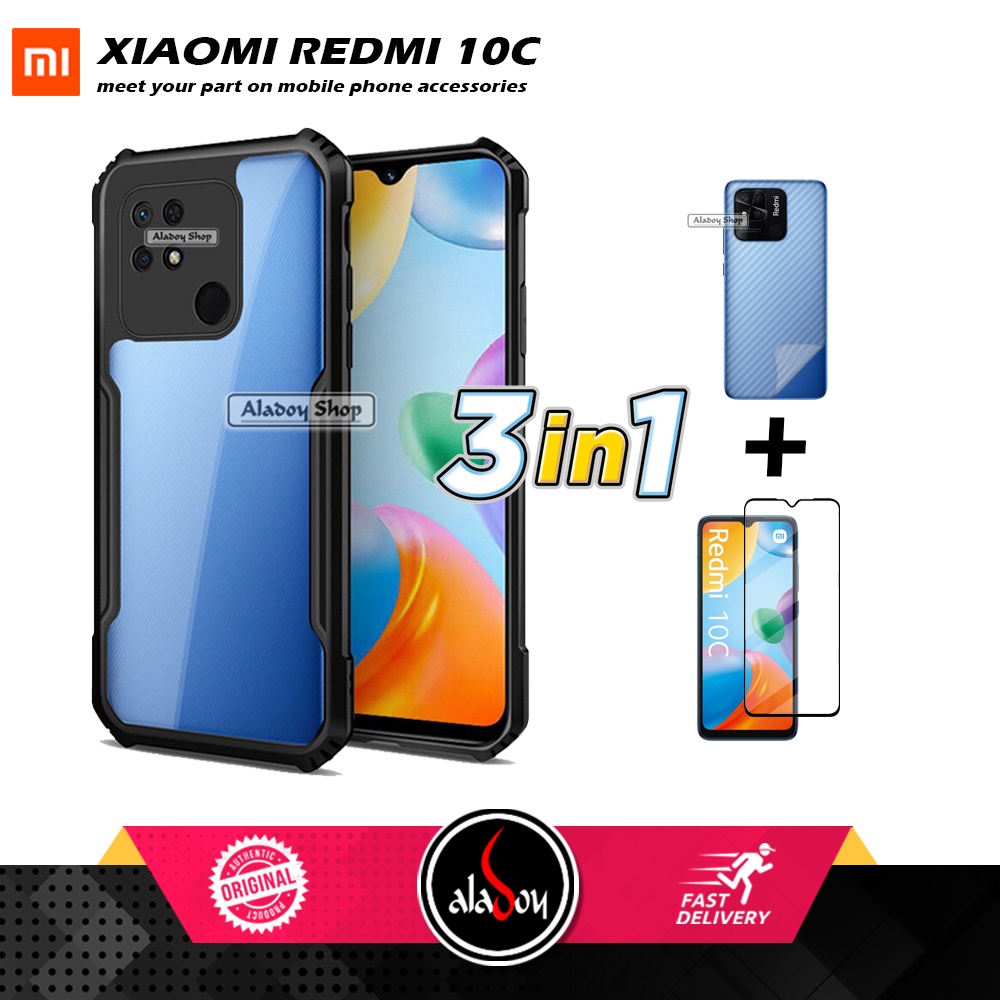 Case Xiaomi Redmi 10C 2022 Armor Fushion Transparent Casing + Tempered Glass Full Layar dan Skin Carbon