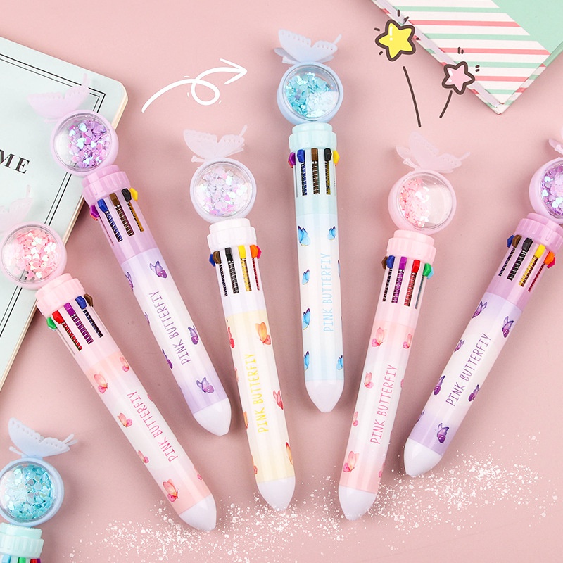Bolpen Tekan Multifungsi Motif Kartun Kupu-Kupu Multi Warna Untuk Stationery Pelajar Butterfly