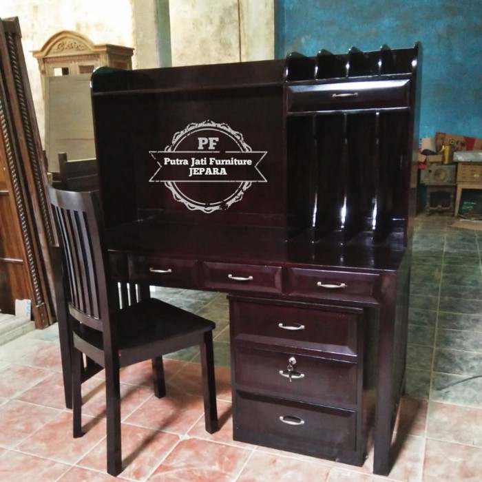 Furniture Jati  Meja Kerja Kayu Jati Meja Belajar Besar + Nakas Laci
