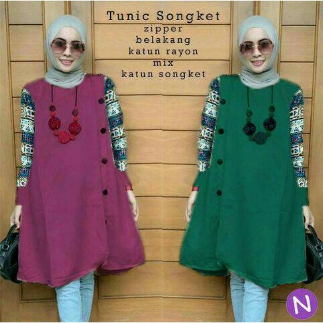 Baju muslim batik atasan wanita tunik songket tosca magenta XL