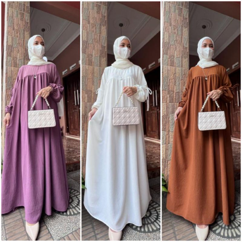 BISA COD LUNA DRESS GAMIS CRINCKLE AIRFLOW SYARI MUSLIMAH POLOS CASUAL PESTA KONDANGAN TANGAN BALON 