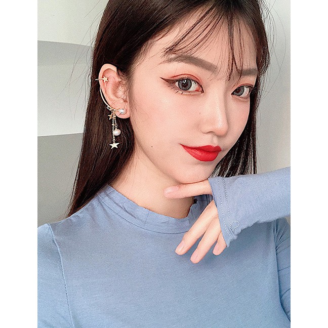 LRC Anting Tusuk Fashion Golden Shaped Pearl Pentagram Asymmetric Tassel Earrings D69976