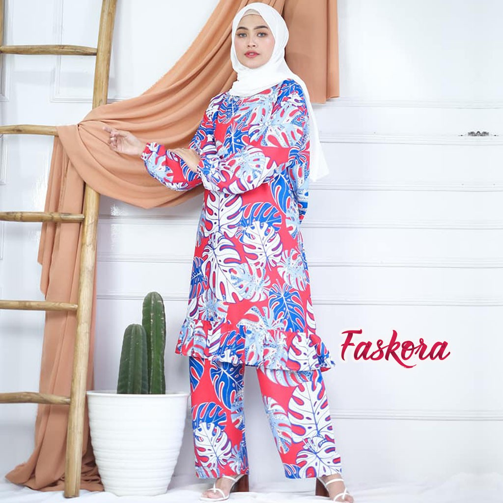 Setelan Tunik Jumbo XXL Celana Panjang Daun - One Set Tunik Rayon - Tunik Wanita Terbaru