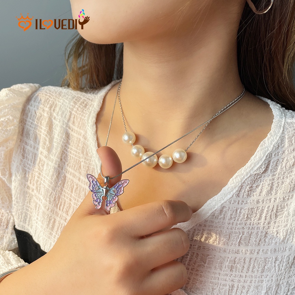 Women Fashion Double Layer Pearl Butterfly Enamel Pendant Necklace/Kalung Klavikula Elegan/Hadiah Populer Aksesoris Perhiasan