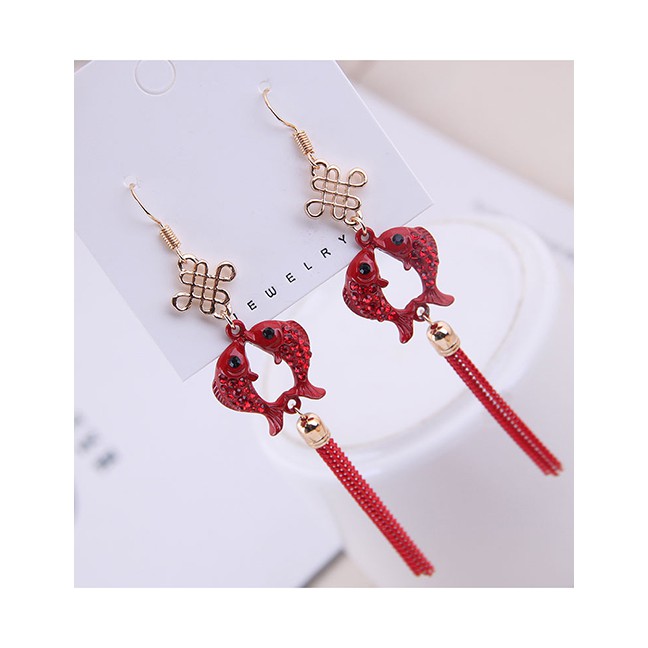 LRC Anting Gantung Fashion Red 925 Silver Needle Pisces Tassel Earrings A59878