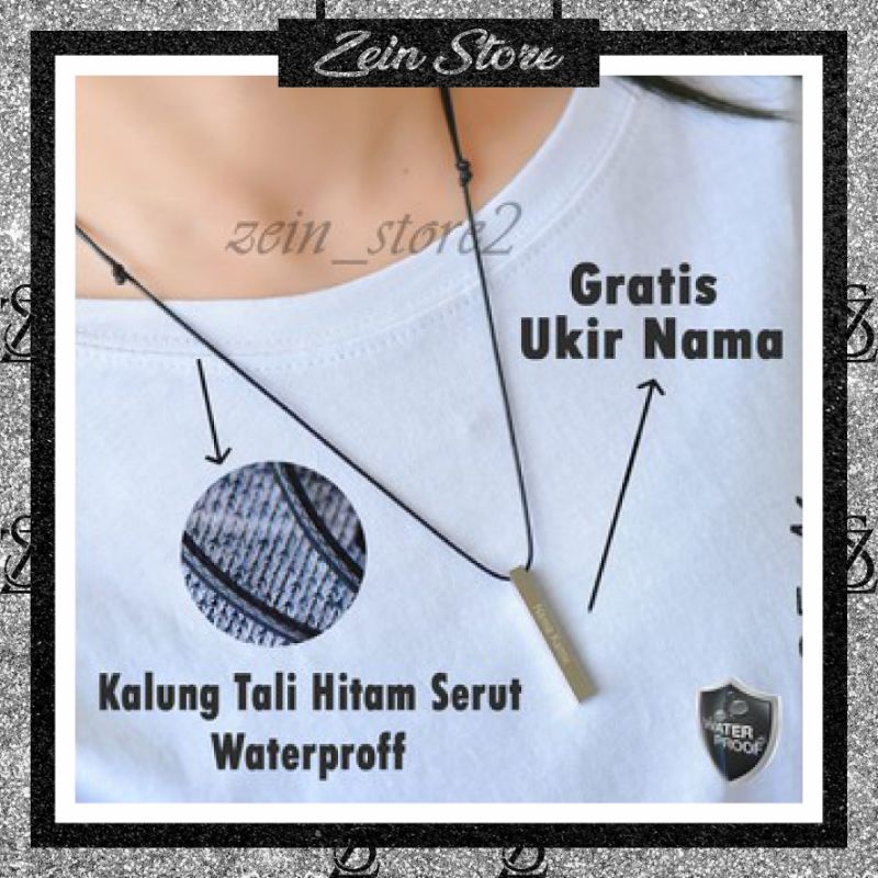 Kalung Pria Wanita Liontin Kotak Persegi Panjang Titanium Asli Anti Karat Tali Hitam Cowok Keren Uki