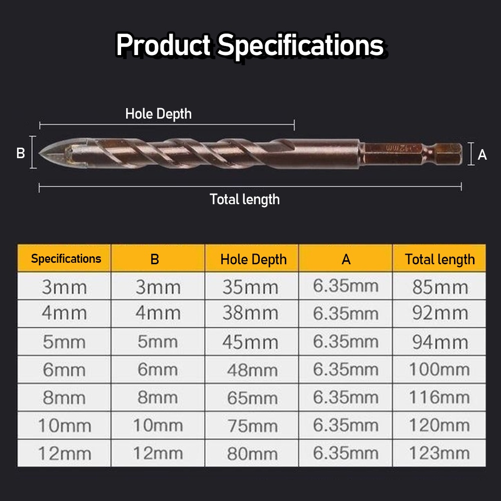 7pcs Mata Bor Cross Hex 3-12mm Cross Hex Tile Drill Bits Set Bor Kaca Granit Ubin Multifungsi