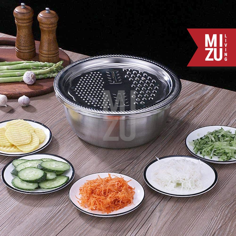 MIZU PARISTA 3in1 Veggie Slicer Colander Bowl Baskom Saringan Pemotong Pemarut Sayuran Stainless