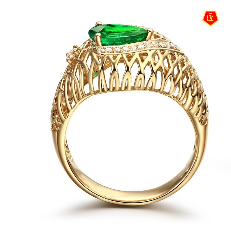 [Ready Stock]Fashion Elegant Hollow Jeweled Emerald Gold Ring