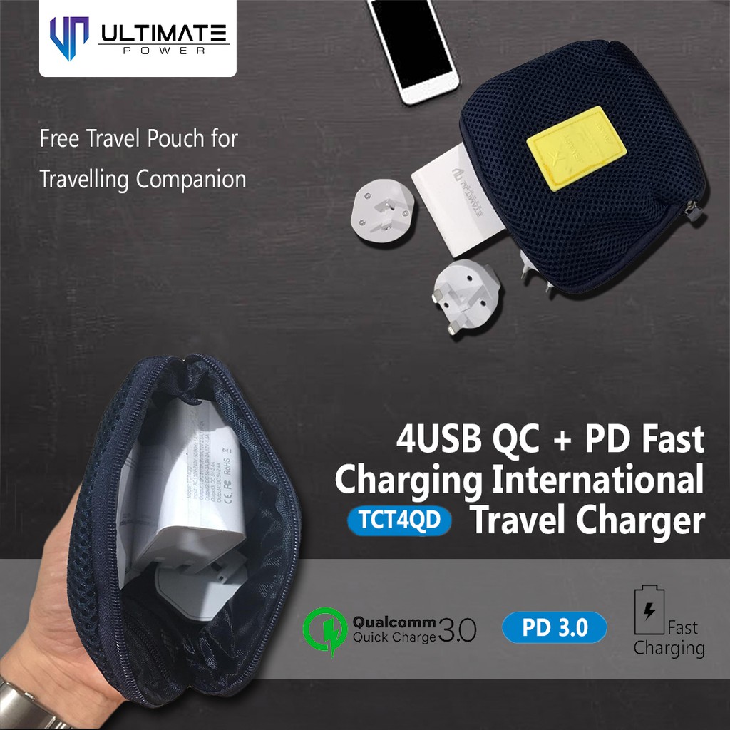 Kepala Charger Ultimate Power 4USB QC+PD Fast Charging International Travel Charger original100%