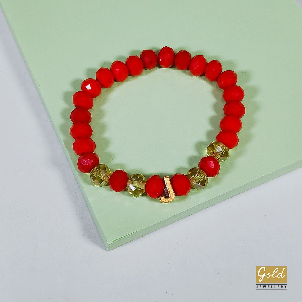 Gelang tali emas kuning kadar 700 70% charm inisial J bsr batu merah