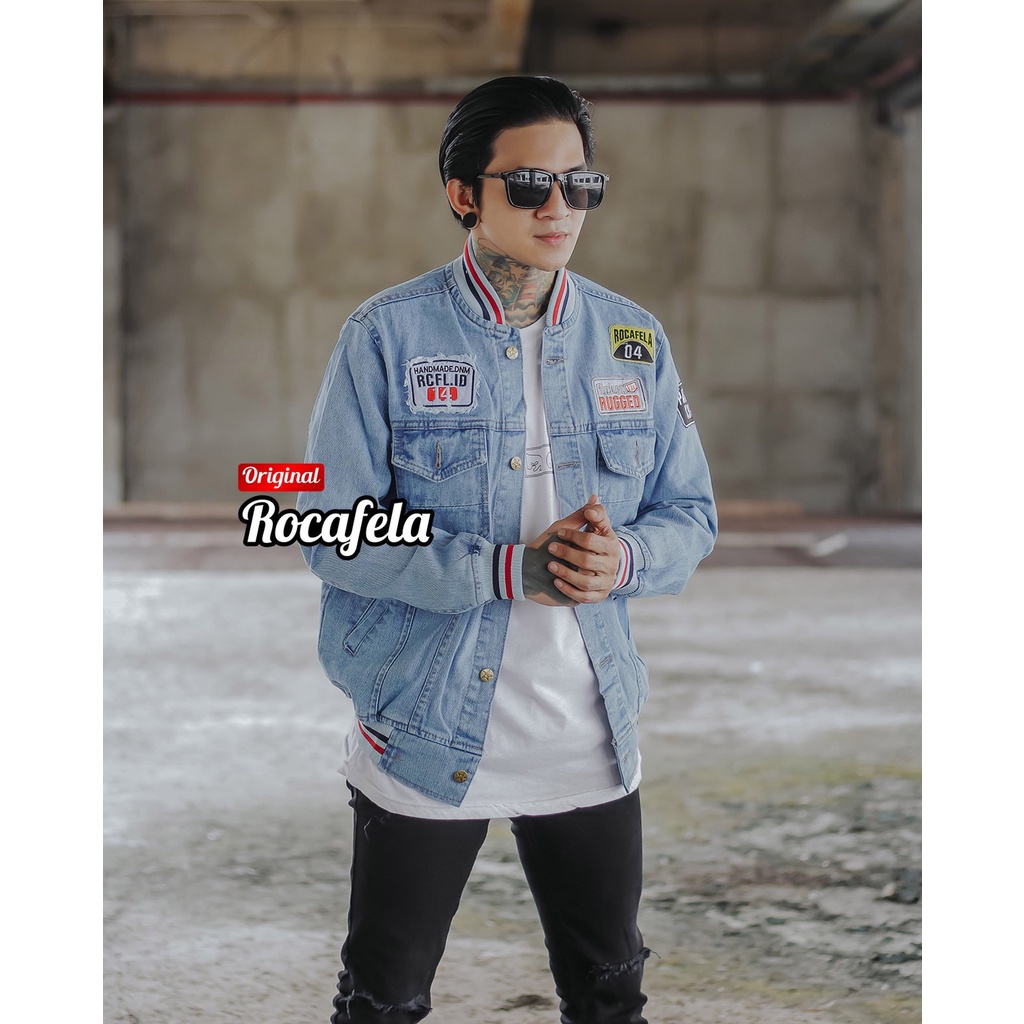 Jaket Jeans Bomber Rocafela Unisex jumper/Jaket Bomber Pria/Jaket Jeans Emblem BORDIER/Jaket Bomber 