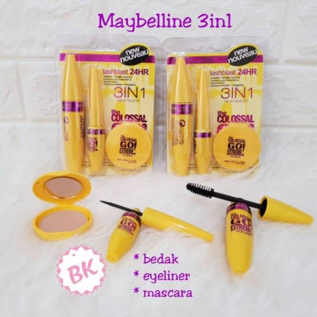 Maybelline 3 in 1 (Mascara + Eyeliner + Powder Compact The Colossal Go Extreme) Paket Maskara