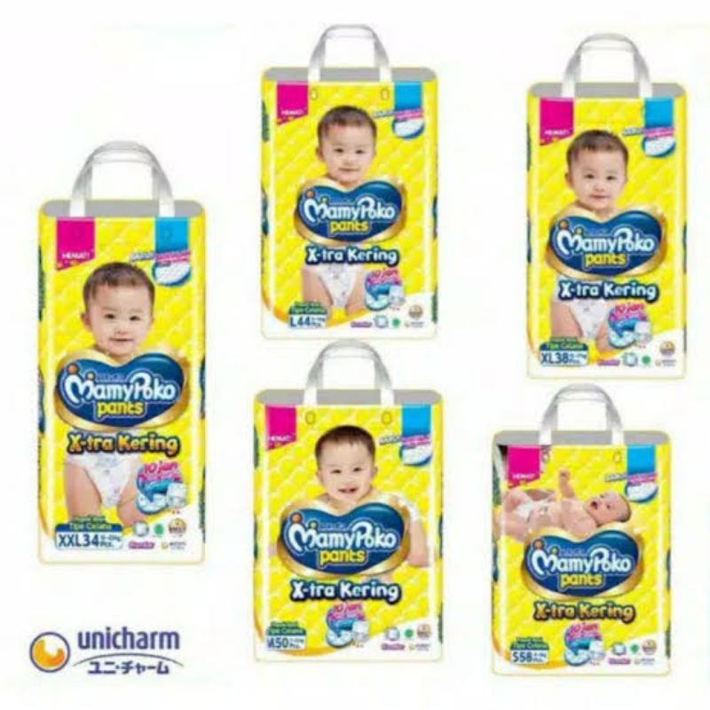 Pampers Mamypoko Ekstra Kering tipe celana S 58 / M 50 / L 44 / XL 38 / XXL 34