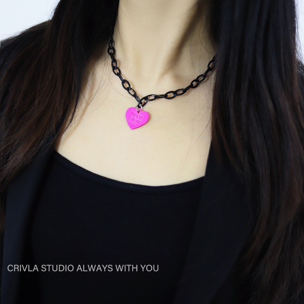 Kalung Rantai Klavikula Desain Hati Warna Pink Gaya Korea Untuk Aksesoris