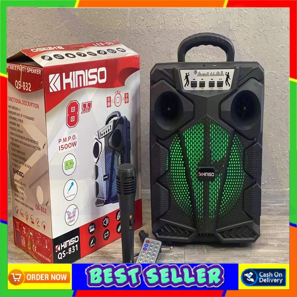 KIMISO SPEAKER 8" SALON BLUETOOTH 8 INCH BONUS MIC + REMOTE PORTABLE SPEAKER WIRELESS 1500W