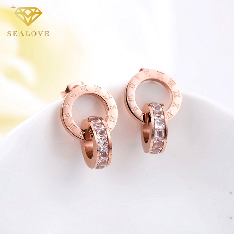 Korea Titanium Anting-Anting Anti Karat Anting Tindik Zirkon Bulat Angka Romawi Aksesoris Wanita