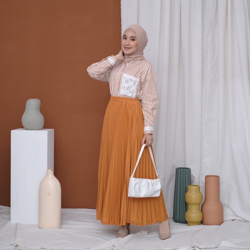 ROK PLISKET 256.B MURAH PREMIUM HYGET POLOS FLARE SKIRT REMPEL MUSLIM MAYUNG PANJANG MODELLANO FREXA-Almond