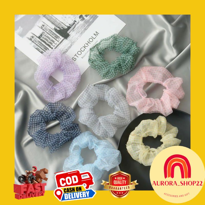 [COD] SCRUNCHJE KOREA TRANSPARAN MOTIF KOTAK CANTIK IKAT RAMBUT KOREA KUNCIRAN RAMBUT IMPORT