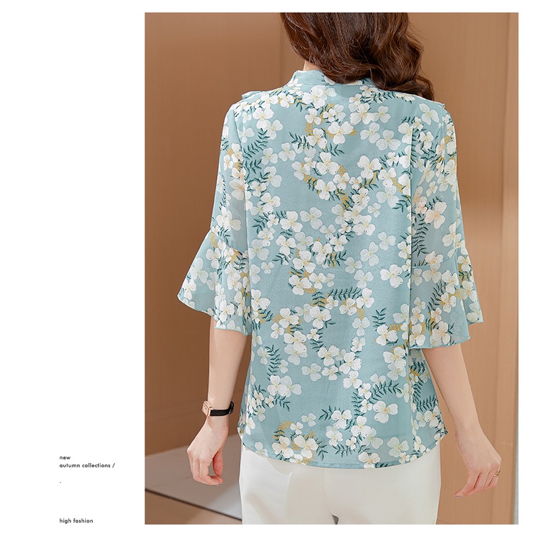 COD New 2022 Fashion Korean Chiffon Floral 3/4 Sleeve Shirts Pink Blue Women Blouse Tops Pakaian Serban