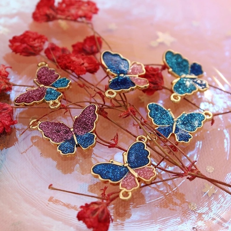 10pcs Liontin Kupu-Kupu Enamel Handmade Bahan Alloy Warna Emas Untuk Membuat Perhiasan DIY Butterfly