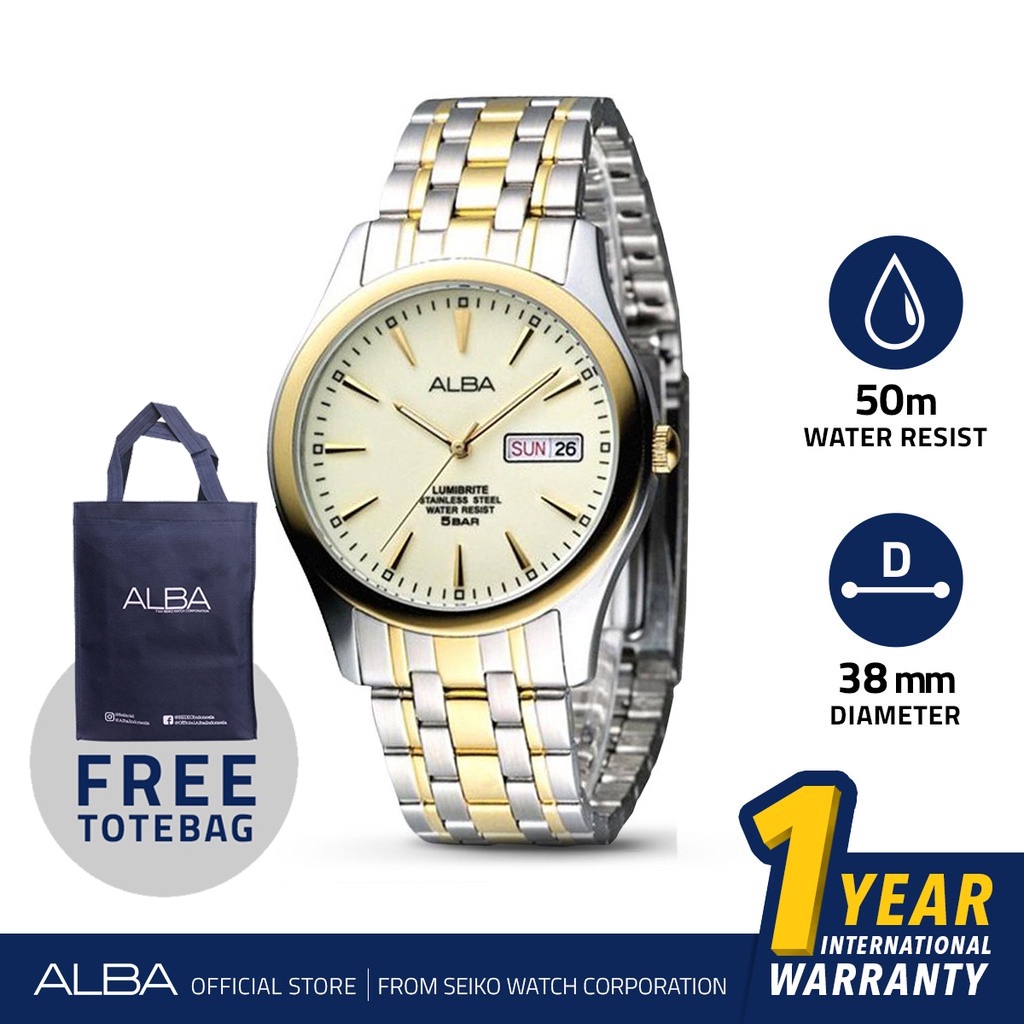 Alba Jam Tangan Pria AXND50 / AXND50X1 Quartz Light Gold Dial Two Tone Silver-Gold Stainless Steel S
