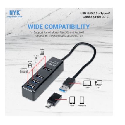 Usb 3.0 hub nyk 4 port 5Gbps 2tb with otg usb type-c connector uc01 uc-01 - Terminal usb3.0 4 slot