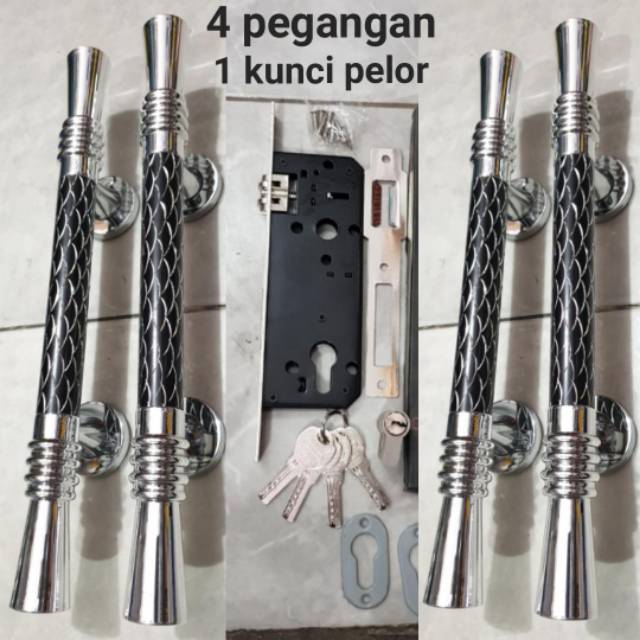 Paket handle pintu stainless 35cm silver hitam 2set + body pelor