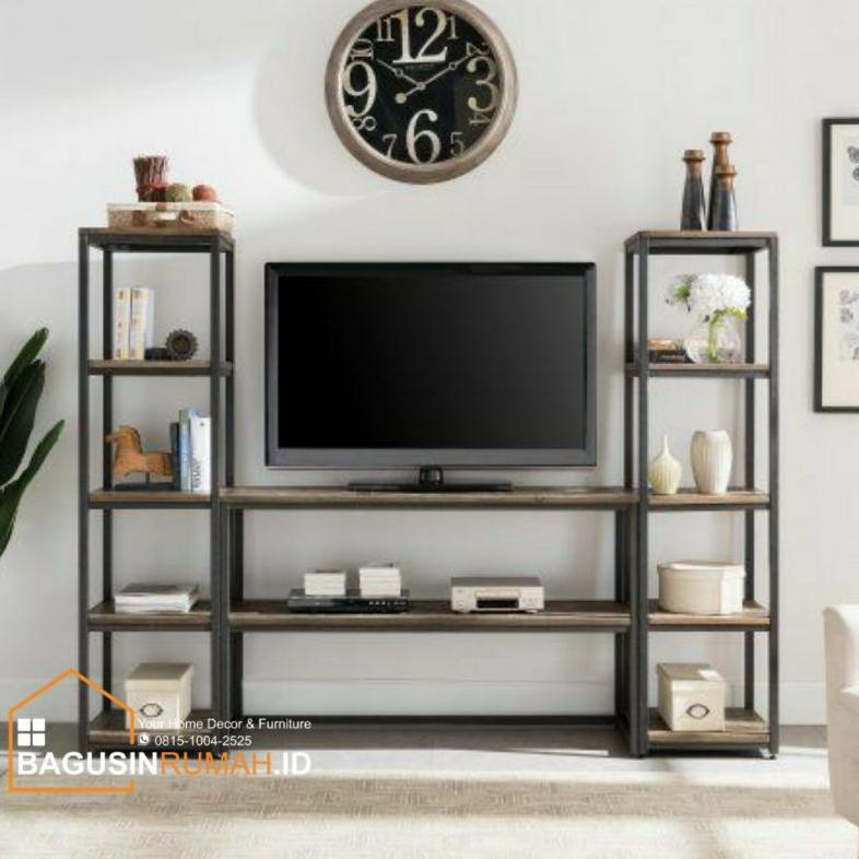 Br.Id Set Meja Tv + Rak Industrial Minimalis Bahan Besi Dan Kayu Solid