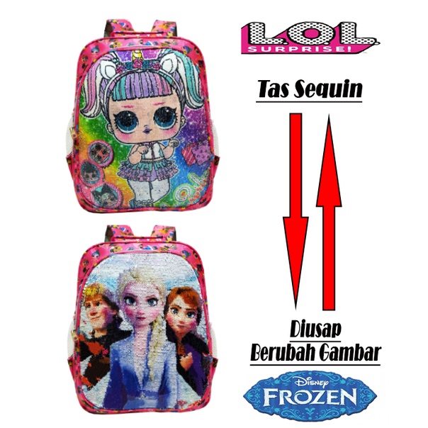 MOONDE TAS RANSEL SEQUIN / USAP 2 GAMBAR BERUBAH KARAKTER KARTUN L.O.L - FROZEN ELSA LUCU ANAK PEREMPUAN SEKOLAH TK/SD TERBARU !!!