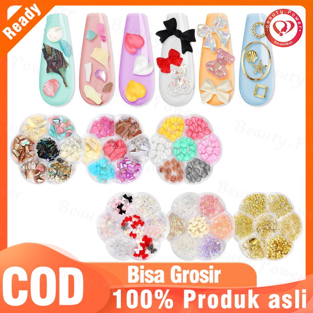 6 Gaya Ornamen 3d Cute Manicure Accessories Cartoon Nail Art Decorations Bentuk Beruang / Pita / Kerang Abalone / Kepingan Salju Untuk Dekorasi Nail Art DIY