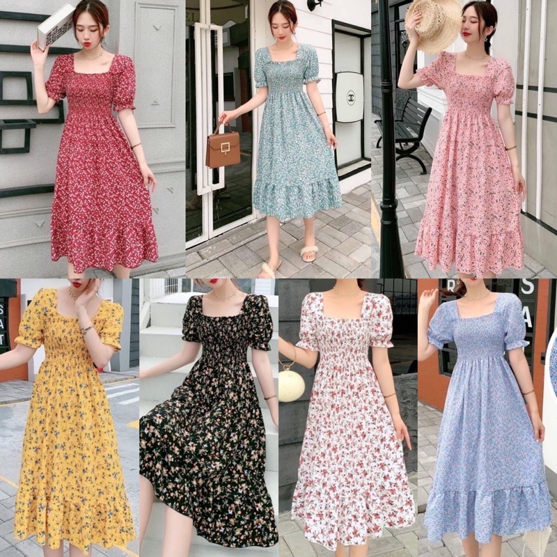 Ziva Floral Dress Korean Look Pastel Bunga Imlek Korea Look Flower Puff Pantai Stretch Melar Summer 