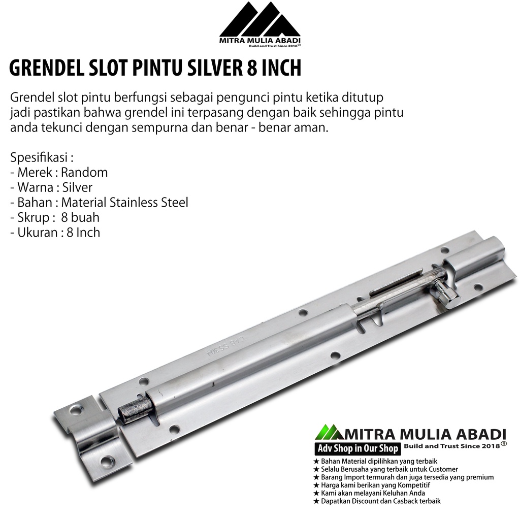 Grendel Slot Pintu Jendela 8 Inch Selot Stainless + Skrup