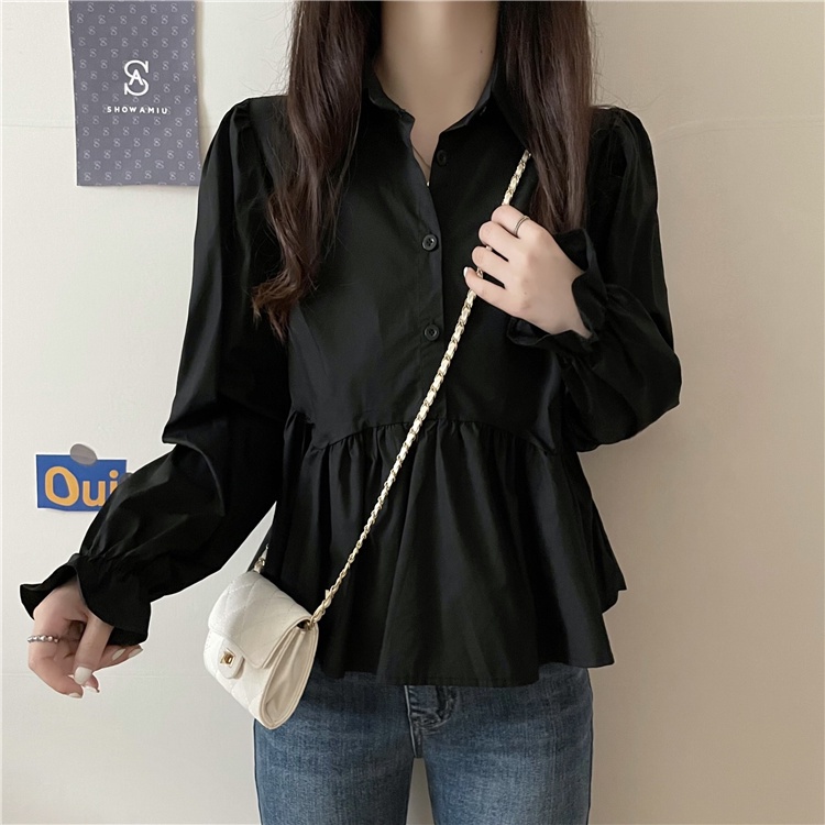 Kemeja Hitam Wanita Lengan Panjang Blouse Korean Style Berkerah Wanita