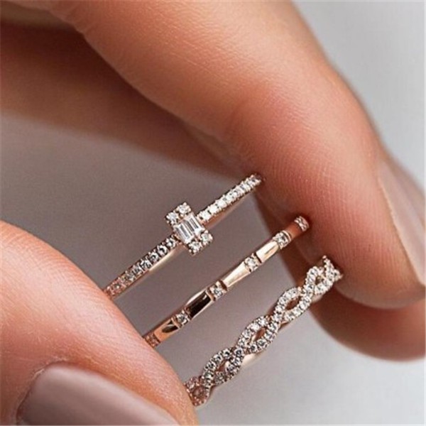 3pcs / Set Cincin Kristal Cubic Zirconia Tipis Stackable Untuk Pernikahan