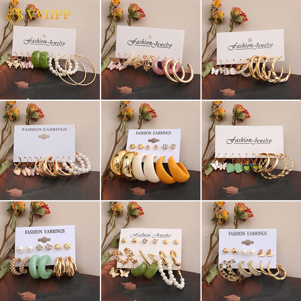 5pcs / Set Anting Mutiara Berlian Imitasi Bahan Alloy Untuk Wanita