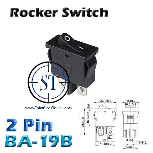 Rocker Switch On Off Saklar Gepeng Kecil 2 Pin Bentuk Pipih Plastik kokoh Swit Hitam 2 Kaki 2p BA-19B