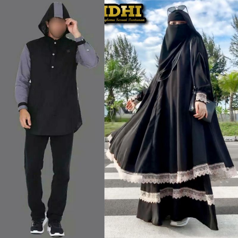 HITAM set setelan Gamis koko Kurta Couple wanita cadar instan & Pria Muslim
