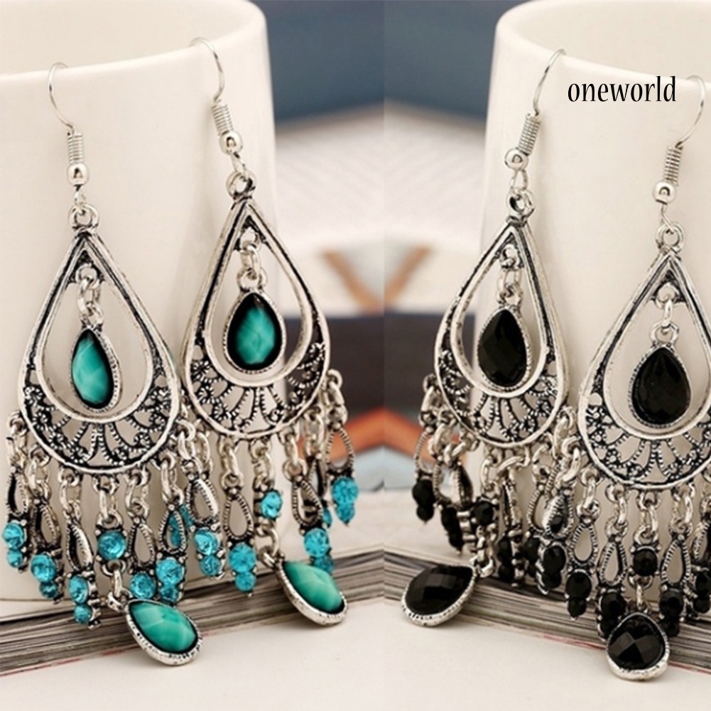 OW@ Boho Women Hollow Carved Faux Gemstone Tassel Drop Dangle Hook Earring Jewelry