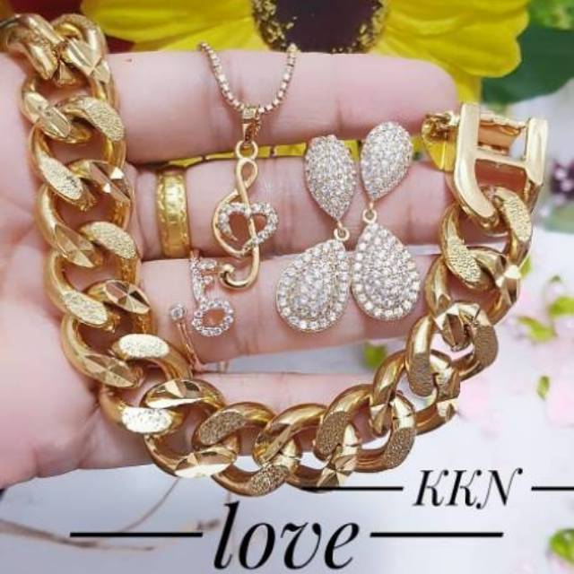 Xuping set perhiasan gelang anting cincin kaljng lapis emas 24k (anti iritasi dan tidak luntur) 01