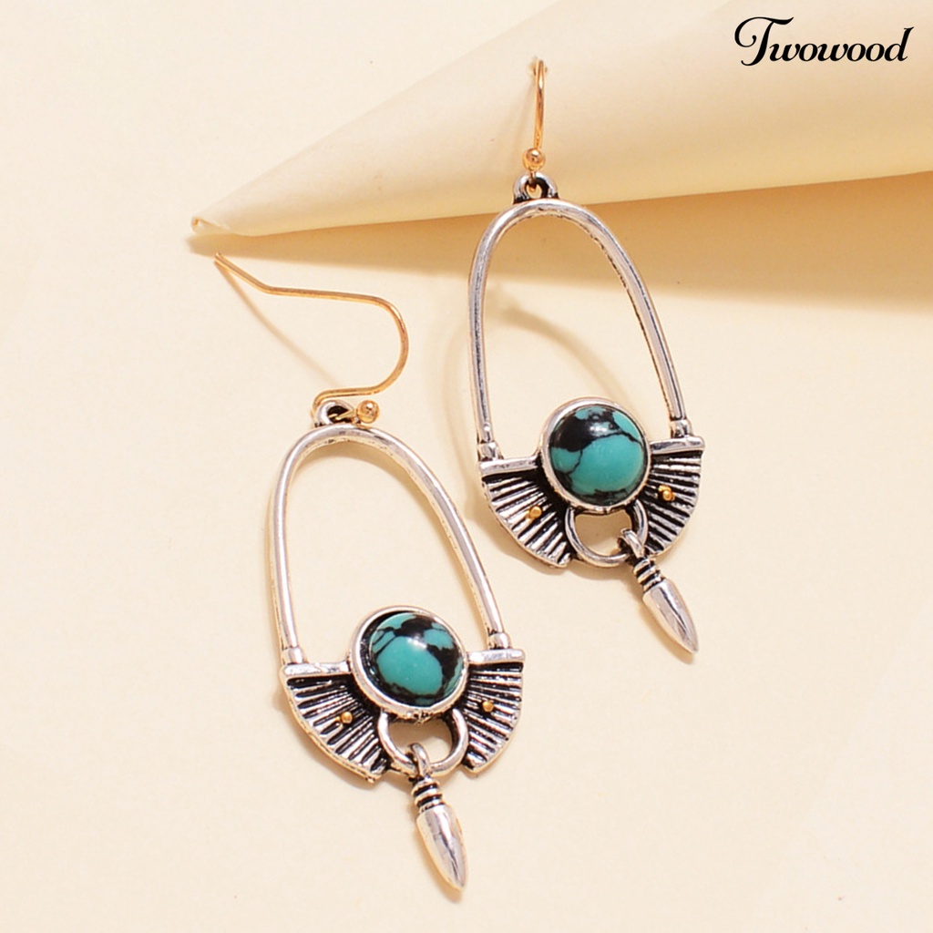 1 Pasang Anting Hook Panjang Bentuk Bulat Turquoise Gaya Bohemia Untuk Hadiah