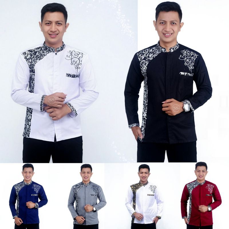 Baju Koko Batik Kekinian Lengan Panjang Kombinasi Koko Bordir Motif Batik Bahan Katun Oil Design Terbaru