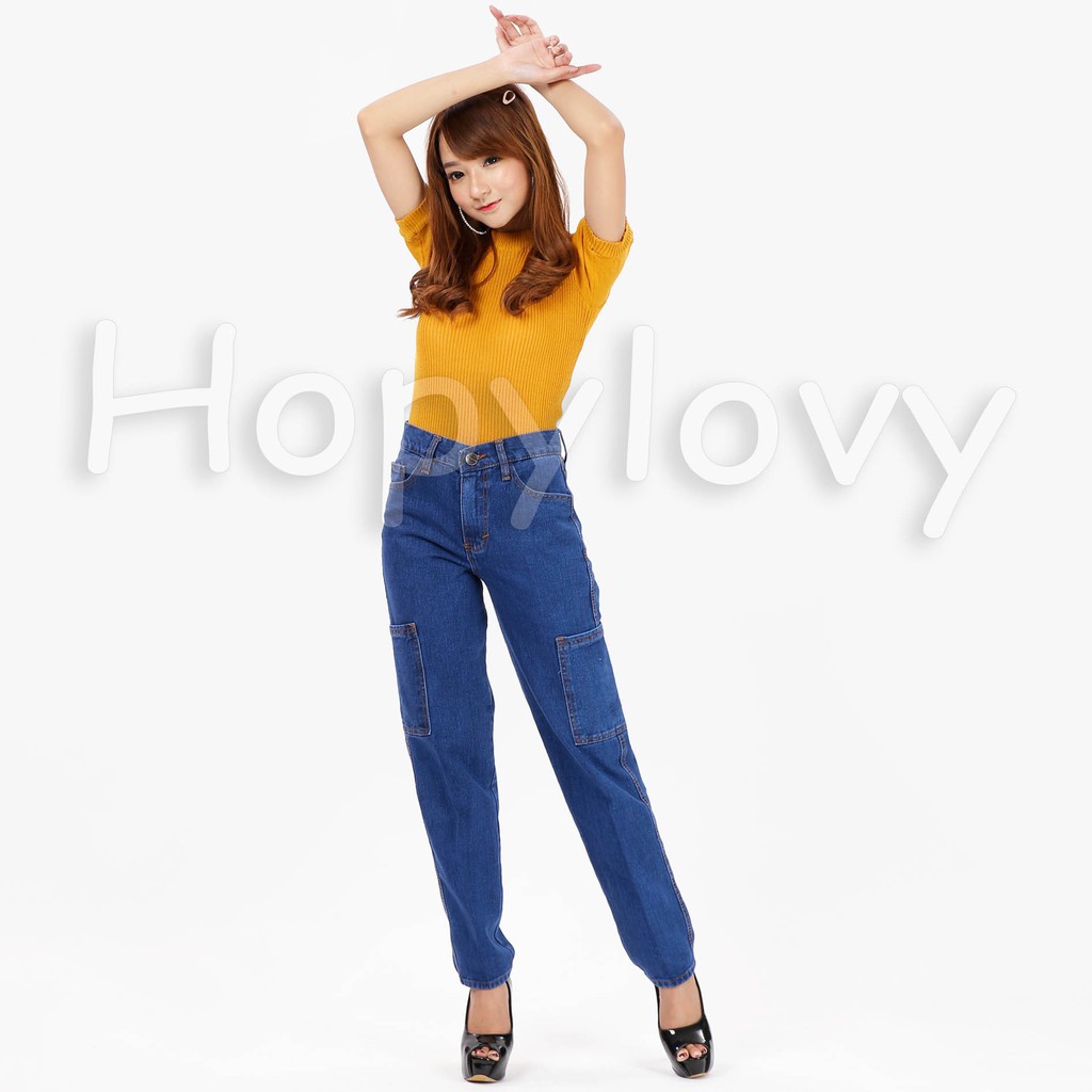 HOPYLOVY - Celana Boyfriend Jeans Wanita Kantong Samping Cargo Amaia