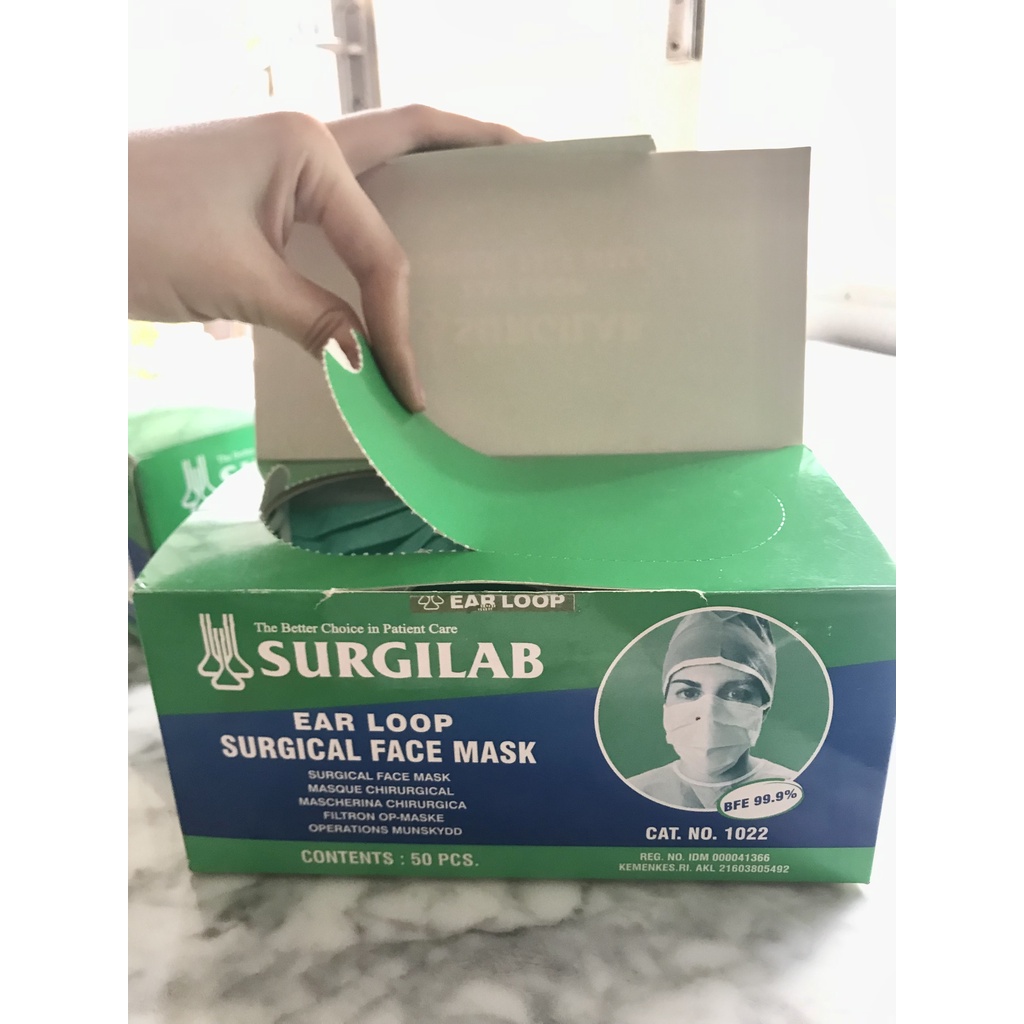 Masker Surgilab Masker bedah earloop, Rekomen di Rumah sakit. 1 box isi 50pcs.