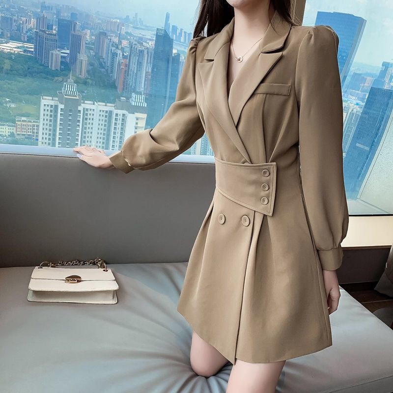 Suit collar long sleeve dress women's 2021 spring and autumn new small Korean design sense windbreak