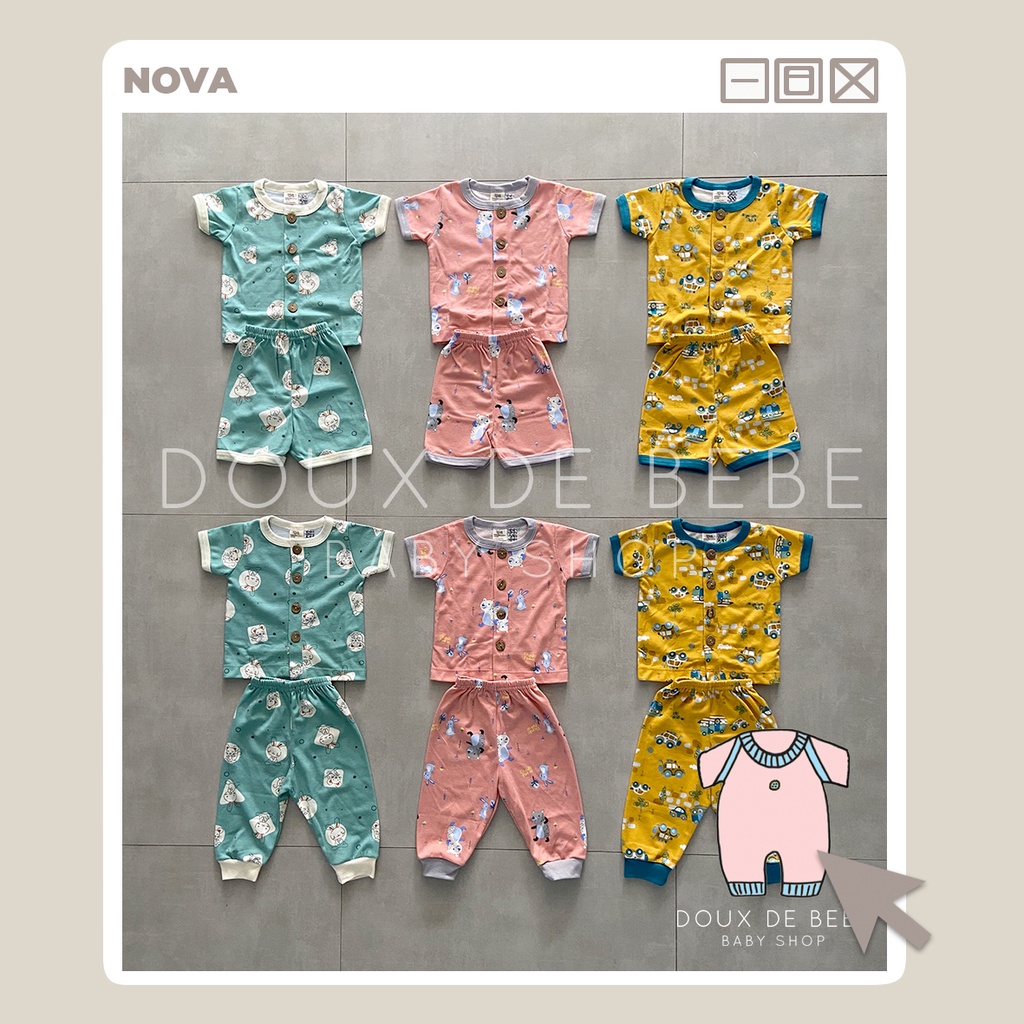 [MOMMYONLINE] NOVA BABY WEAR - Nova Baju Bayi Motif / Nova Ezy Series Button Set Print / Setelan Baju Lengan Pendek Celana Pendek / Setelan Baju Lengan Pendek Celana Panjang 3-6 bulan / 6-12 bulan / 1-2 tahun