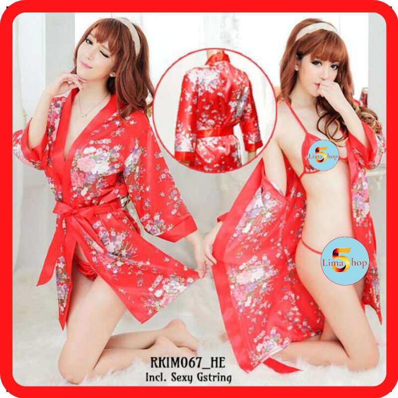 Baju Tidur Kimono Bath Robe Bikini Merah Sexy Motif Bunga B3573