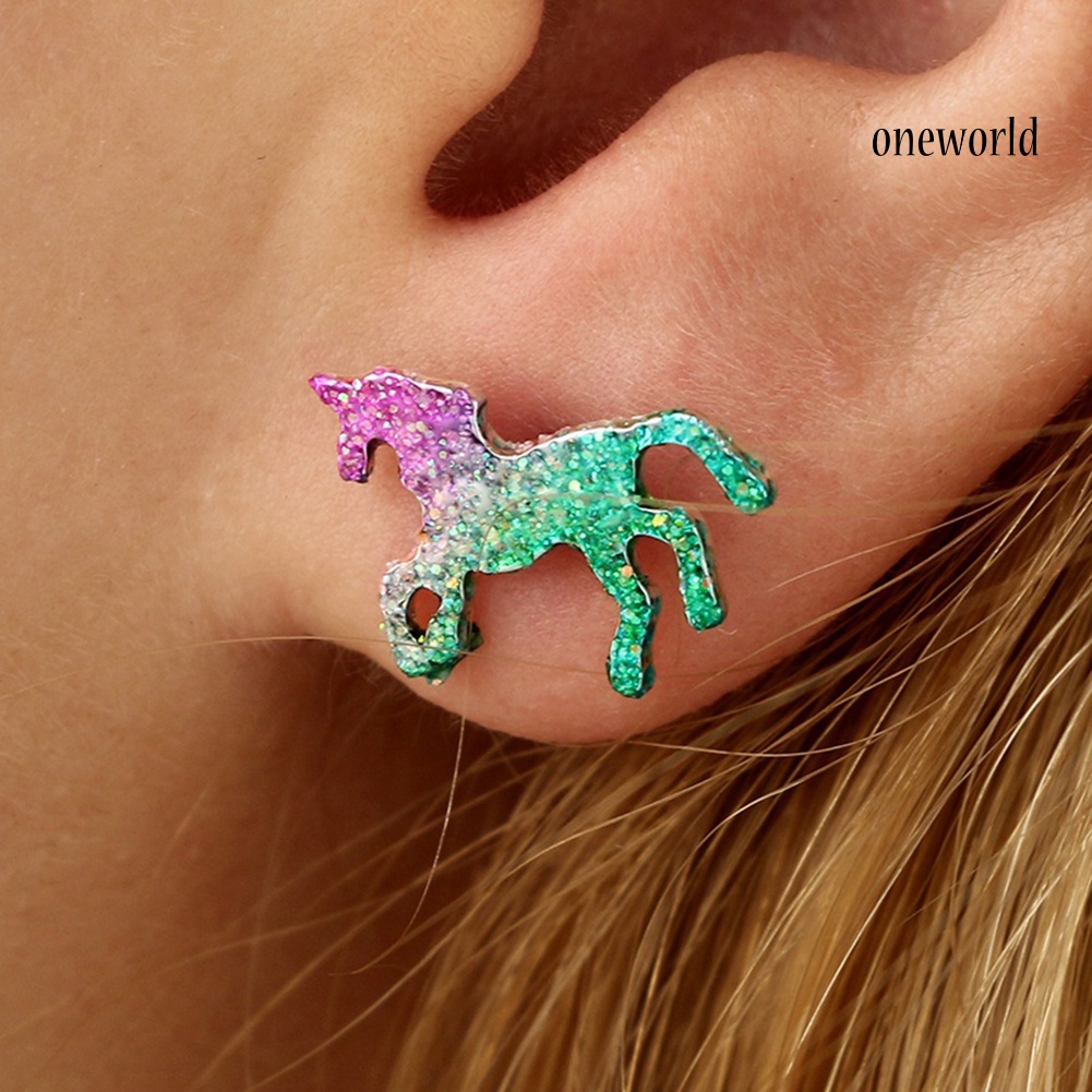 OW@ Colorful Unicorn Stud Earrings Shiny Horse Stud Earrings Women Charm Jewelry